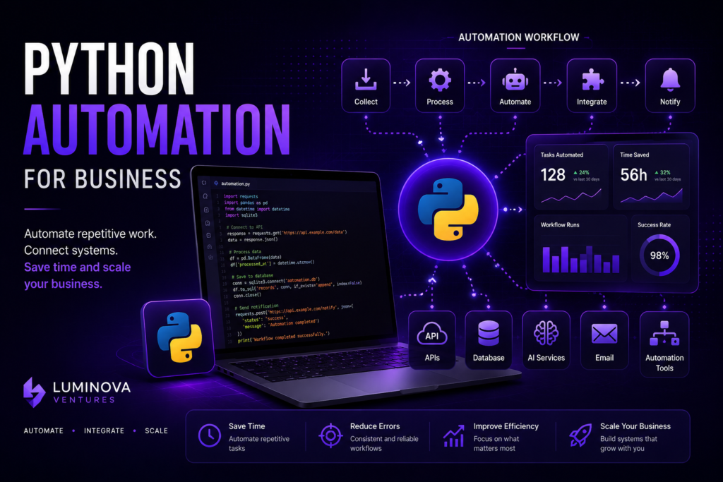 Python automation workflow connecting APIs, databases, AI systems and business automation tools by Luminova Ventures.