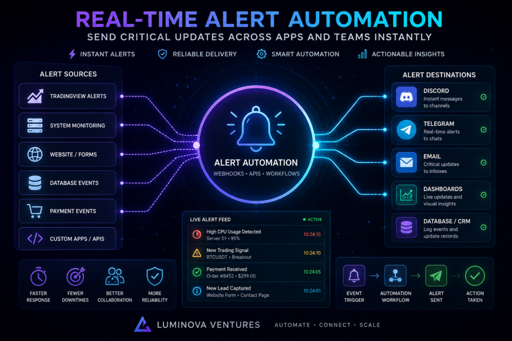 Real-Time Alert Automation connecting TradingView alerts, system monitoring, website forms, database events, payment events, custom APIs, Discord, Telegram, email, dashboards and CRM workflows by Luminova Ventures.