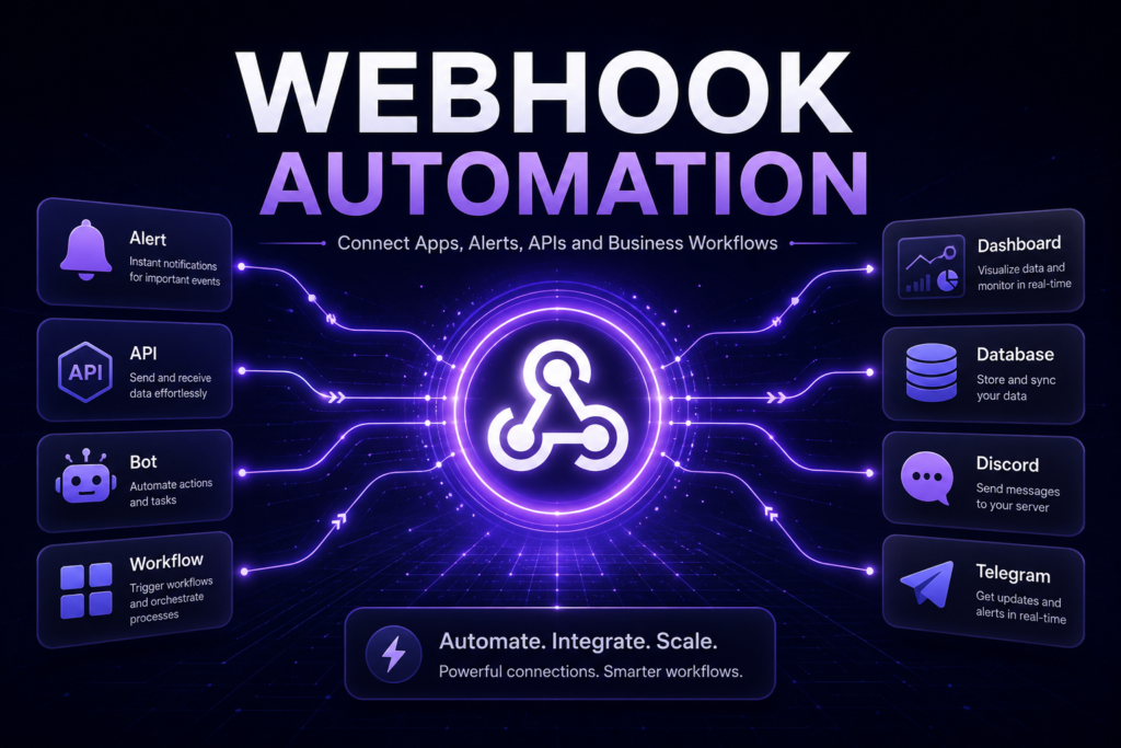 Webhook Automation connecting apps, alerts, APIs, bots, dashboards, databases, Discord and Telegram workflows by Luminova Ventures.